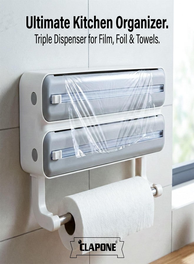 CLAPONE قاطع ورق القصدير وحامله، منظم ورق القصدير والبلاستيك مع حامل مناشف ورقية، متوافق مع ورق التغليف اللاصق، ورق القصدير وورق الشمع، موزع غلاف بلاستيكي مع قاطع (رمادي مزدوج الطبقات) - Image 5